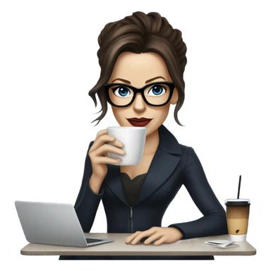 Hyper Realistic Kate Beckinsale dark blue eyes wearing glasses drinking coffee at a laptop  sticker