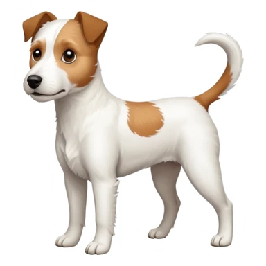 a full body large white parson russell terrier looking dog the size of a kelpie with light brown ears and a light brown patch on one eye and a large snout sticker
