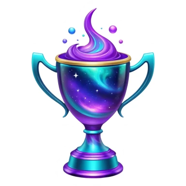 A futuristic alien trophy cup with swirling cosmic nebula colors, purple, blue and teal galaxy patterns sticker