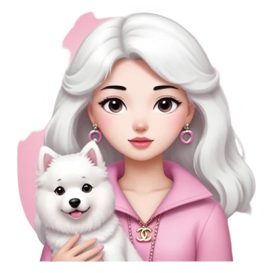 black-haired girl in pink Chanel style outfit with white Samoyed dog sticker