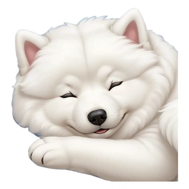 Meme-Worthy Cute Sleeping Samoyed Portrait Emoji, Head resting peacefully with a contented smile, showcasing a delightfully fluffy build and a luxuriously soft pure white Fur, eyes shut in a serene nap, Simplified yet hilariously adorable features, highly detailed, glowing with a soft, drowsy light, high shine, relaxed and utterly lovable, stylized with an air of playful laziness, bright and heartwarming, soft glowing outline, capturing the essence of a comically sleepy companion, so meme-worthy it feels like it could instantly become the next viral sensation of adorable slumber! sticker