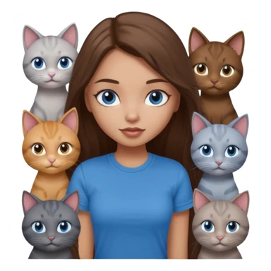 a pretty bratz dusky light skin girl with long brown hair, blue eyes with six cats nd wearing a grey tshirt sticker