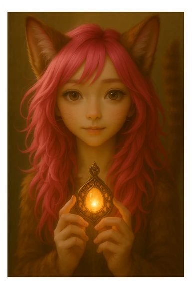 Give the catgirl a magical accessory like a glowing amulet or enchanted staff, while preserving the realistic anime style and pink hair. sticker