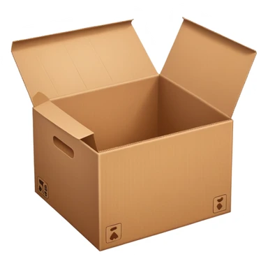 empty cardboard box, open top, brown color sticker