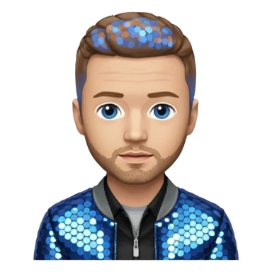 Justin Timberlake with light brown hair, gray sequin jacket, black shirt, blue eye, light skin sticker