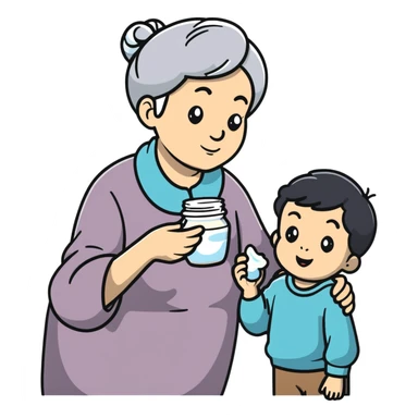 Grandmother offering yogurt to grandson sticker