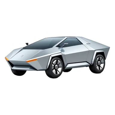 A futuristic chrome car emoji, sharp geometric body design inspired by cybertruck aesthetics, smooth silver metallic surface, matte and glossy chrome mix, minimal details, soft reflections, clean edges, iOS emoji style, centered, clean white background, soft studio lighting, no text sticker