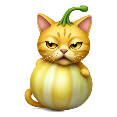 Yellow Cat that smells bad and is sitting on an onion sticker