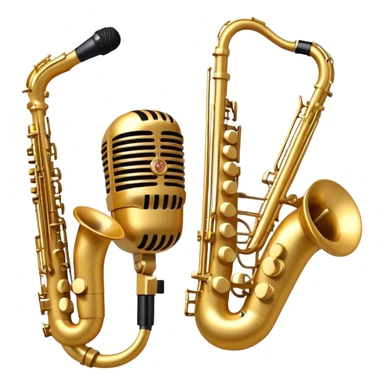 Create an artistic and dynamic emoji representing jazz vocal performance, featuring a vintage microphone as the central focus. Surround the microphone with traditional jazz instruments, such as a saxophone, trumpet, and upright bass, arranged in a harmonious, flowing design. Add musical notes and sound waves emanating from the microphone to symbolize the improvisational and expressive nature of jazz vocals. The instruments should have a polished, classic appearance with metallic gold and silver accents. Use rich colors like deep black, gold, and burgundy to evoke the sophisticated and soulful atmosphere of a jazz club. The background should be transparent. sticker