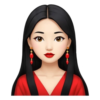 30 yr old asian woman, middle parted straight long black hair, very pretty, fancy dress, earings, red lipstick sticker