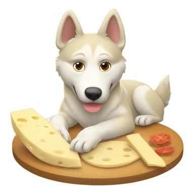 Light beige husky eating a raclette sticker