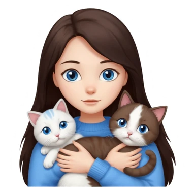 a girl with long dark 
brown hair, with blue eyes, in a
white sweater, hugs 3 different natural coloured cats sticker