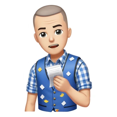Gender: Male Hair: Salt-and-pepper buzzcut with cowlick Face: Twitching left eye, gritted teeth Clothes: Checkered blue vest over rolled-up sleeves Action: Kicking jammed printer spewing paper confetti sticker