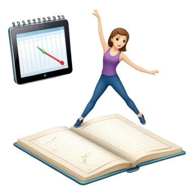 Icon for Choreography: a dance studio floor with a choreographer demonstrating movements, a dance notebook, and a metronome. The icon should capture the creative and structured process of choreographing dances. Transparent background. sticker