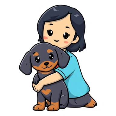 black hair asian girl hugging black dachshund sticker