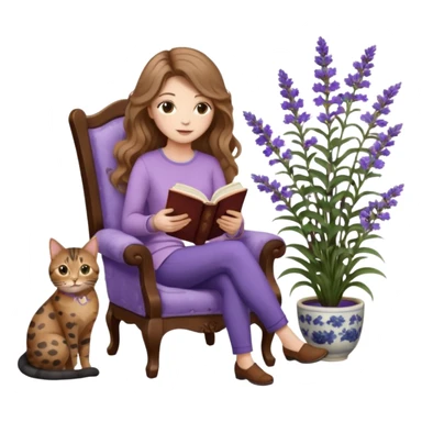 detailed emoji of a woman with long light brown wavy hair and light brown eyes reading a book, sitting on a comfortable reading chair, with a black cat and a brown spotted cat beside her, small table next to the chair with a coffee cup on it, in a garden filled with lavender flowers sticker