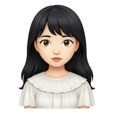 a southeast asian fair skinned girl with slightly wavy long layered black hair with curtain bangs wearing white top sticker