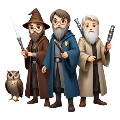 Icon for Fantasy and Sci-Fi Movies: Collage featuring Harry Potter with his wand, Dumbledore. Luke Skywalker with a lightsaber and futuristic robots. Background with a magical planet, Hogwarts, flying owls and spaceships. Epic and magical atmosphere. Transparent background. sticker