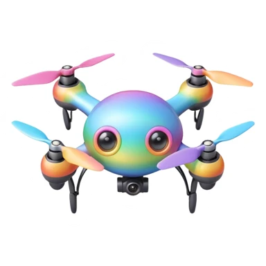 Cute pastel rainbow drone emoji, round shape, tiny propellers, big cartoon eyes, 3D soft glossy style, transparent background. sticker