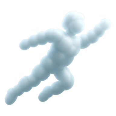 a person flying, entirely made of small, very bright white fluffy convex clouds, minimalism, airiness, glowing effect sticker