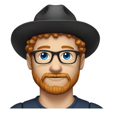 35 years old, male, short curly red hair, glasses, black hat, blue eyes, pale complexion, beard and mustache sticker