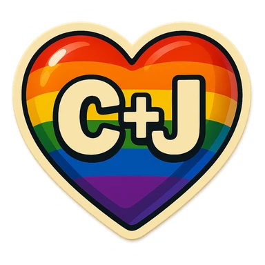 rainbow pride heart with the initials 'C+J' inside, bold and clear, vibrant colors, suitable for a sticker or emoji sticker