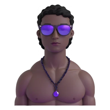 shirtless male athlete with white skin and moderately curly black hair on top with shaved sides, wearing purple sunglasses with very dark heavily tinted black lenses, and a simple plain black chain necklace with absolutely no pendant or decoration sticker