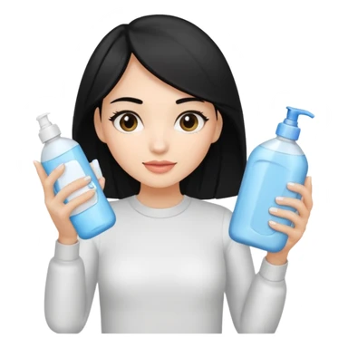 Generate a light-skinned girl with black hair who takes skincare. On the left hand side, she holds a detergent in her hand, and on the right hand side on the sheath, it is the one she applied. sticker