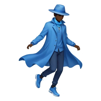 Male silhouette composed of blue ethereal flowing energy with minimal floating wardrobe pieces like hat, jacket and shoes orbiting around it, no facial features sticker