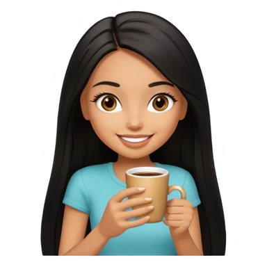 a pretty tan bratz girl with black long straight hair smiling and drinking coffee sticker