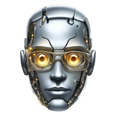 Male cyborg head with metallic plated face, flat top, glasses and circuits sticker