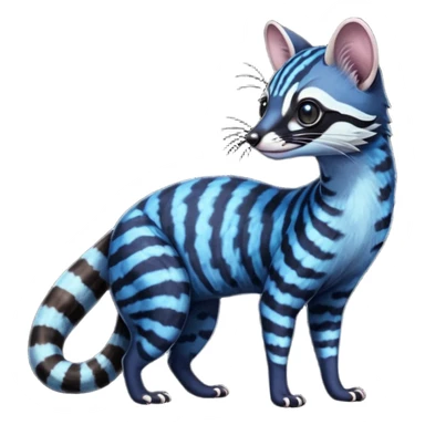 Feral Rare Fantasy iridescent scaly dark shady shaded detailed deep-dark-cobalt-blue-gradients-colored colorful Genet-Trico-Civet-Cacomistle-Margay-species by LiLaiRa, with dark-blackish points, white belly, random markings, tufted tail, tufted ears, full body sticker