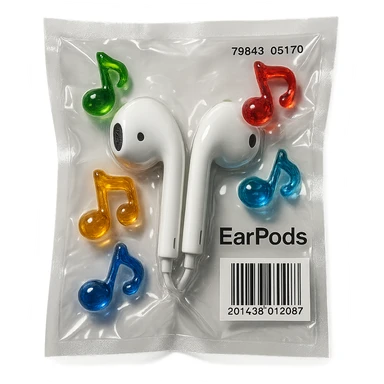 white EarPods headphones surrounded by small colorful glass music notes, glossy and puffy sticker