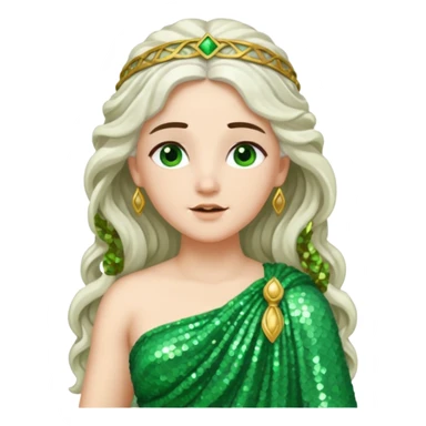 Juno, Goddess of Marriage from Roman Deities with long white brunette wavy hair, green sequin toga sticker