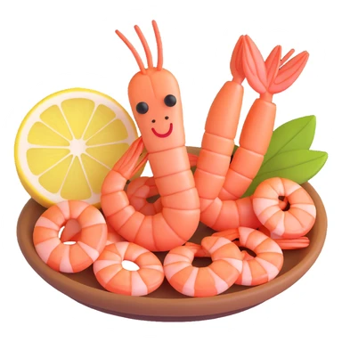 cooked shrimp, with lemon slice, 3D emoji style sticker