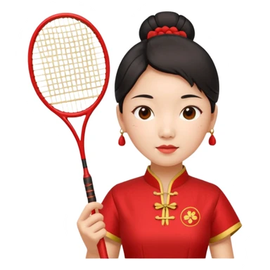 ancient geongsam girl with 1 badminton racket, red sticker