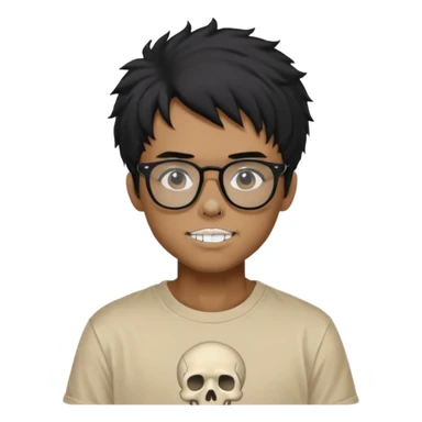 black anime hair guy with skeleton makeup wearing a stussy tshirt with glasses sticker