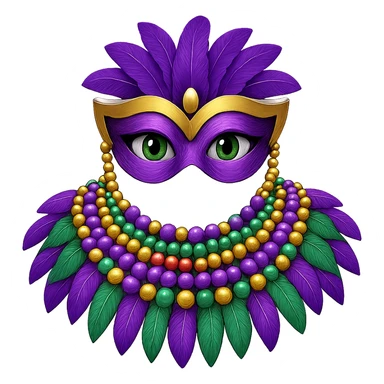 Add Mardi Gras beads to the simple collar while keeping the basic purple, green, and gold ruffles. The style should resemble emoji style with a transparent background. sticker