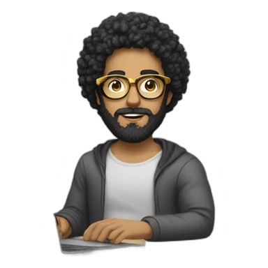 men with black curly hair and beard and golden glasses work hard on computer sticker