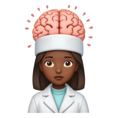 a young girl with dark skin, dressed a bit like a doctor, with a brain on her head sticker