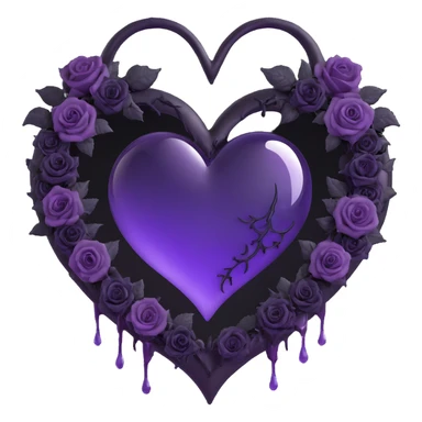 gothic heart, purple glass with a crescent moon, dripping effect, black roses inside a heart, faint lightning in the background, misty rain, cracked glass with a glowing mist sticker