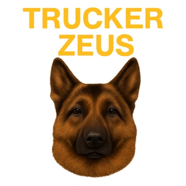 Make the image background transparent while keeping the realistic German Shepherd and the yellow 'Trucker Zeus' text intact. Ensure the file size is under 1MB. sticker