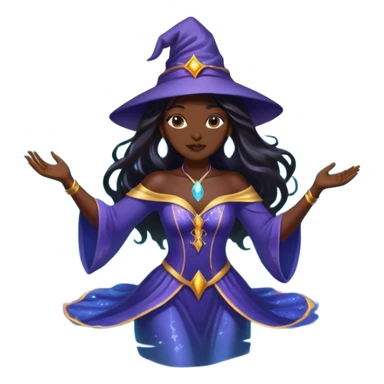 A glamorous celebrity-style woman with long dark hair, dressed as a mystical wizard, floating in a magical pool. She looks confident and enchanting, with a playful ghost nearby. No swimsuit, but covered in a glowing magical aura. sticker
