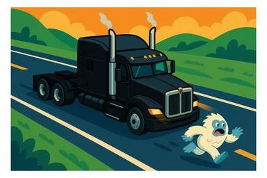 top-down animated style of a modern black Kenworth W680 flat top semi sleeper with stacks chasing a small yeti abominable snowman down a highway, fun and lively, no text sticker