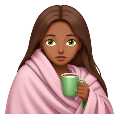 woman with very long brown hair and green eyes in a light pink blanket sleepy with coffee sticker