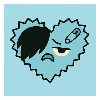 emo heart, jagged edges, pastel blue and black, small safety pin, modern emo aesthetic, pastel palette sticker