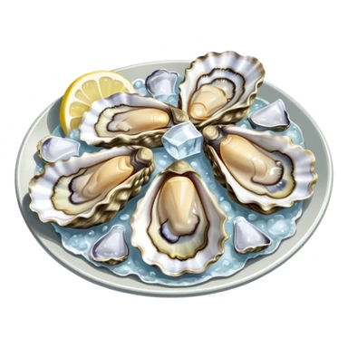 Cinematic fresh oysters on the half-shell, glistening with seawater, served with lemon wedges and ice, soft glowing highlights, elegant and luxurious. sticker