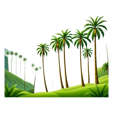 Cinematic Realistic Cocora Valley Landmark Emoji, featuring towering wax palm trees swaying in the misty green valley, with rolling hills and distant mountain peaks bathed in warm morning light. sticker