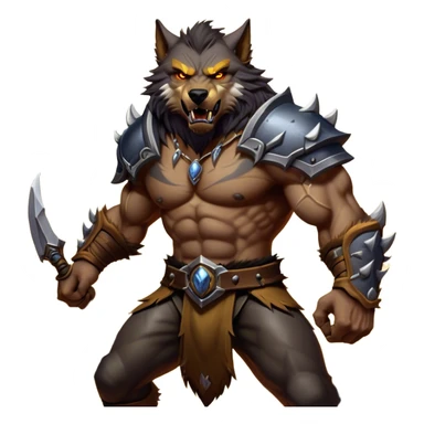 Cinematic Realistic WoW Worgen Portrait, captured in a dynamic, battle-ready stance, muscles rippling beneath his wild fur and tanned skin. His fierce, amber eyes and determined features, set against consistently detailed, worn leather attire, are rendered with dramatic natural lighting and high shine, embodying the raw, relentless fury of a worgen warrior in combat. sticker