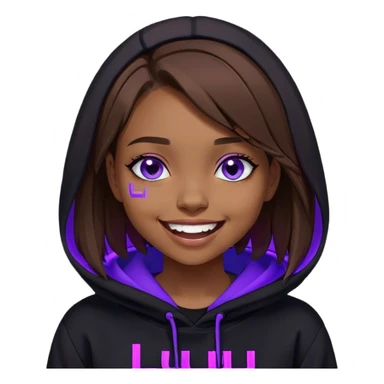 brown haired girl with a bob and blue eyes wearing black hoody with violet letters "Lu", laughs. Cyberpunk style. Violet neon. sticker